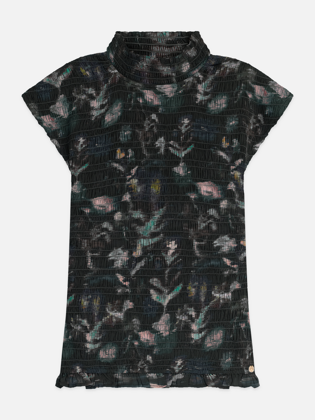 Printed smocked short-sleeved top