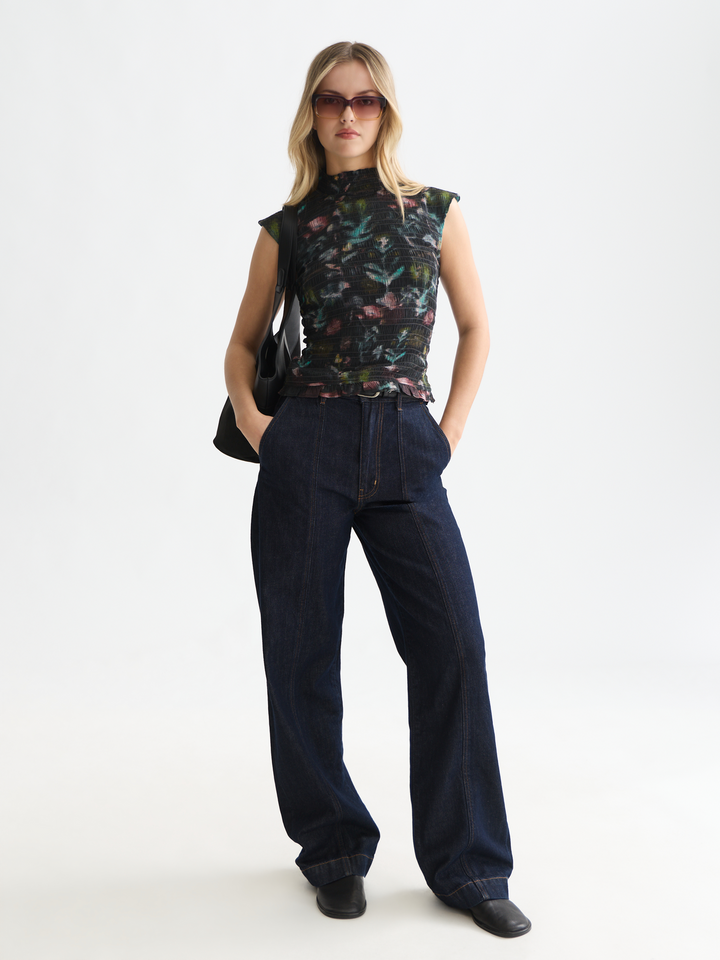 Printed smocked short-sleeved top