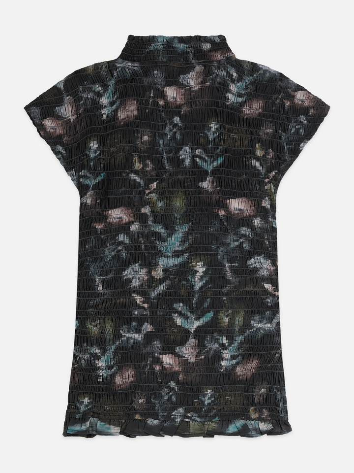 Printed smocked short-sleeved top