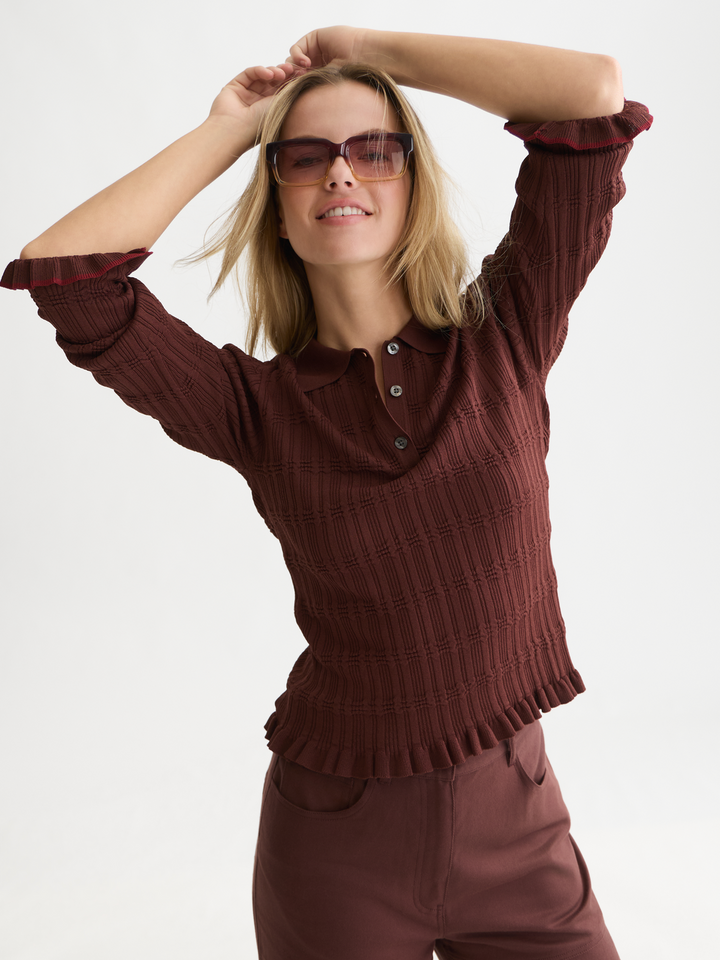 Ripple stitch polo-neck pullover