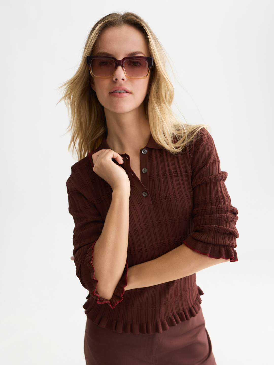 Ripple stitch polo-neck pullover