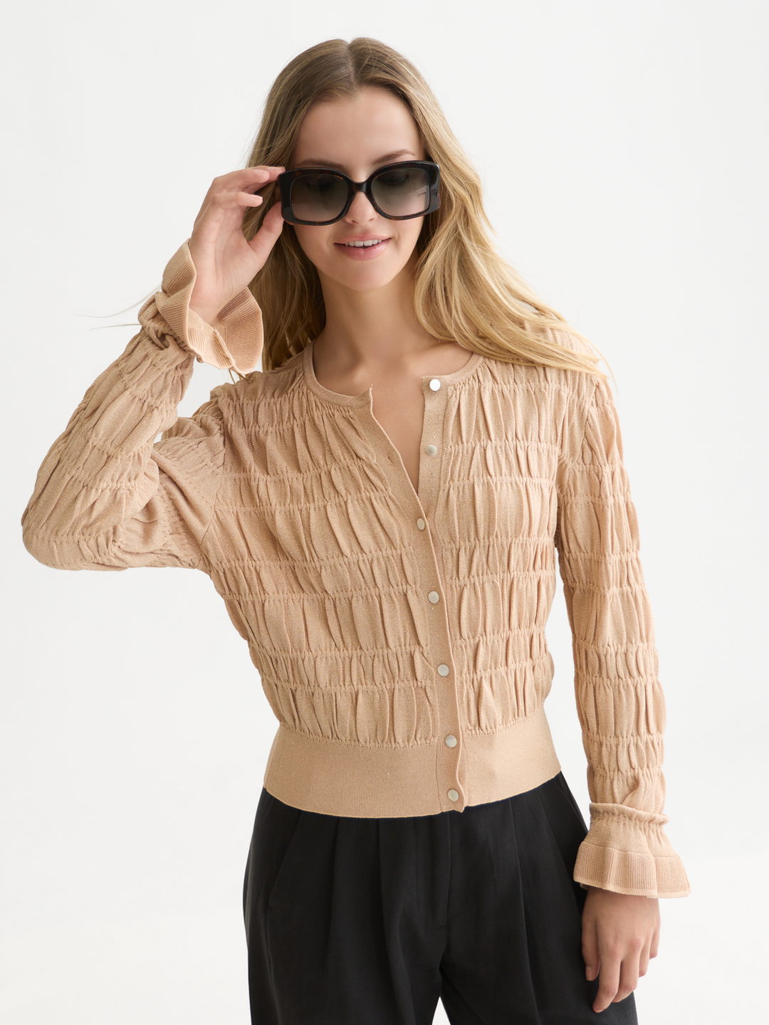Smock stitch crew neck cardigan
