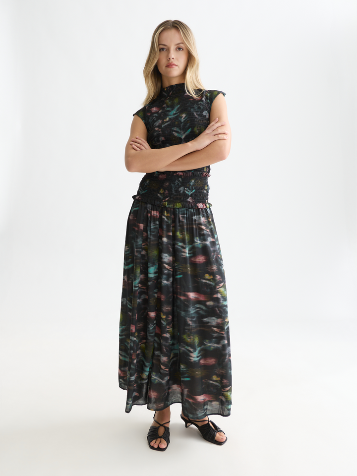 Printed smocked waist ankle length skirt