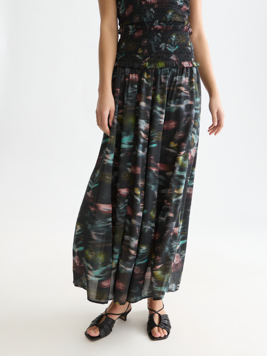 Printed smocked waist ankle length skirt