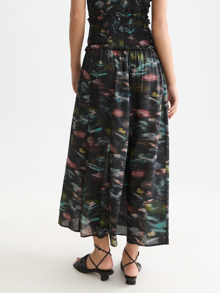 Printed smocked waist ankle length skirt