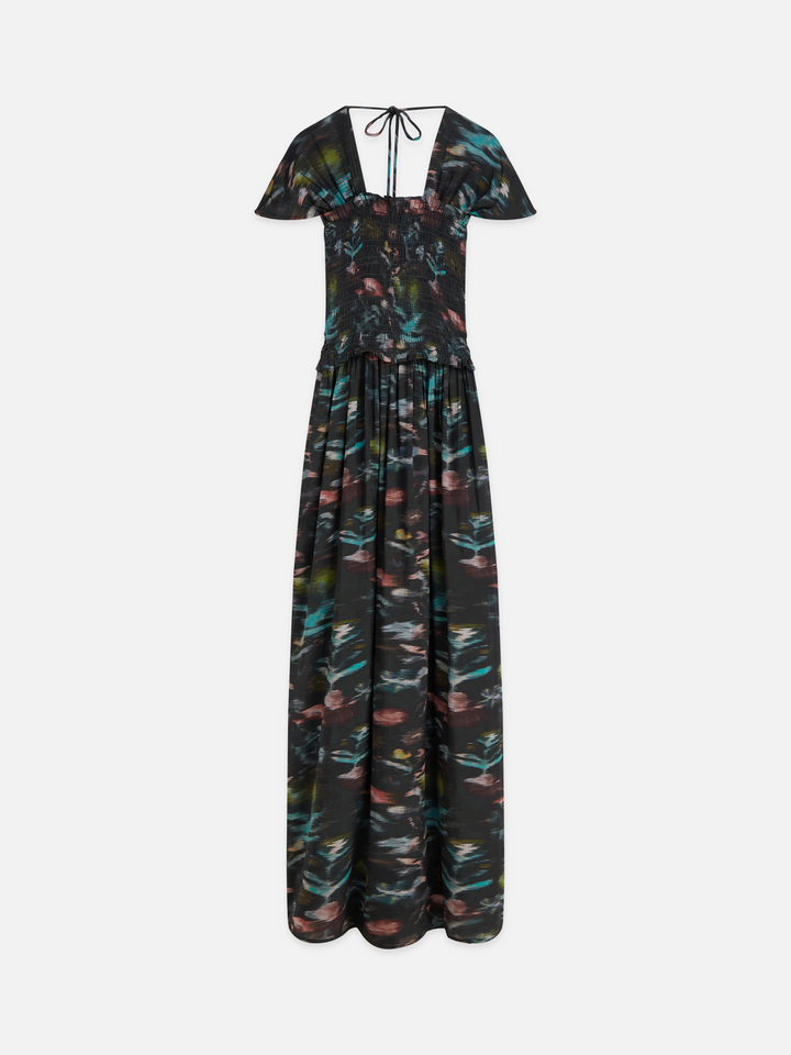 Printed smocked ankle length dress