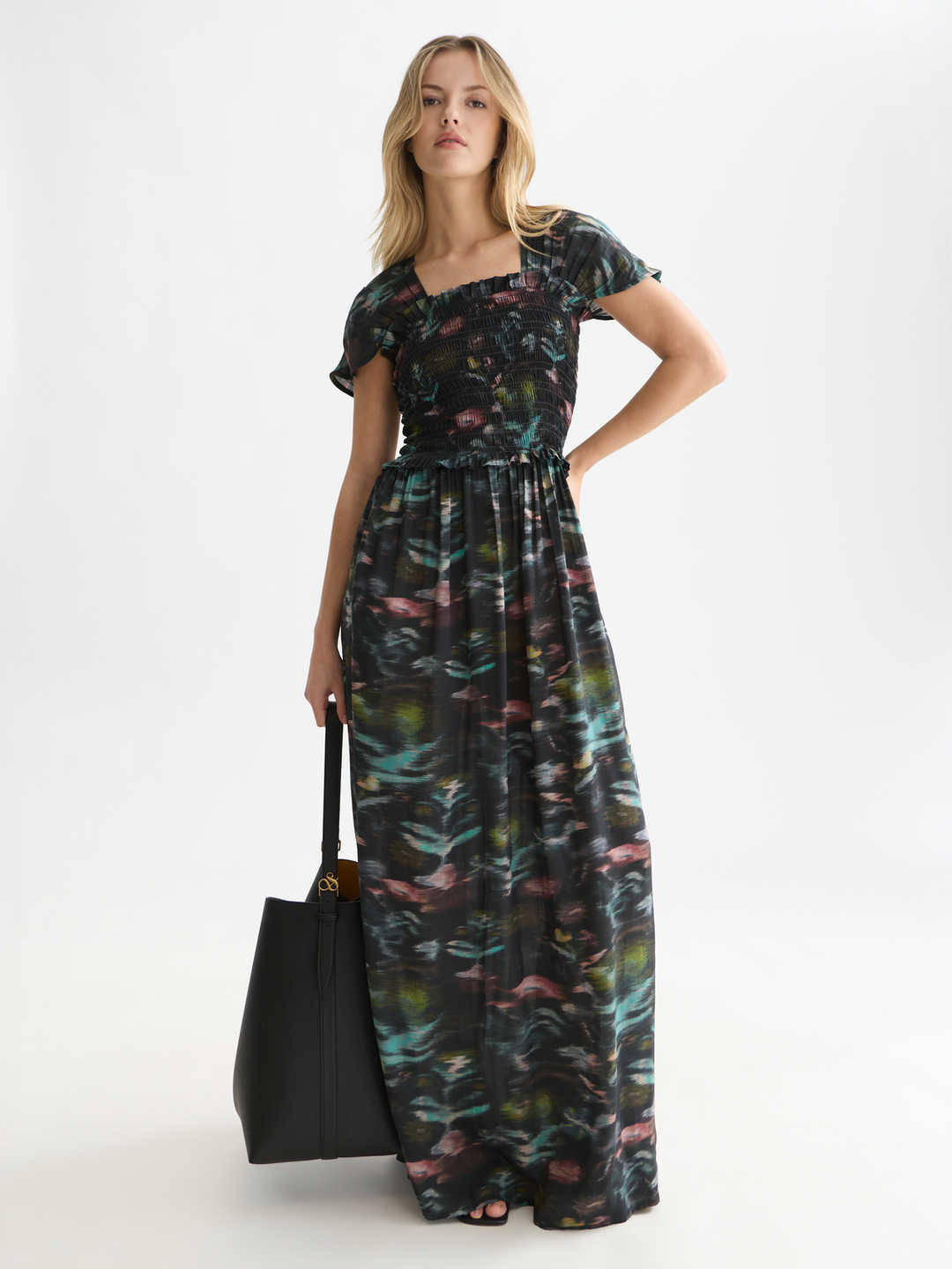 Printed smocked ankle length dress
