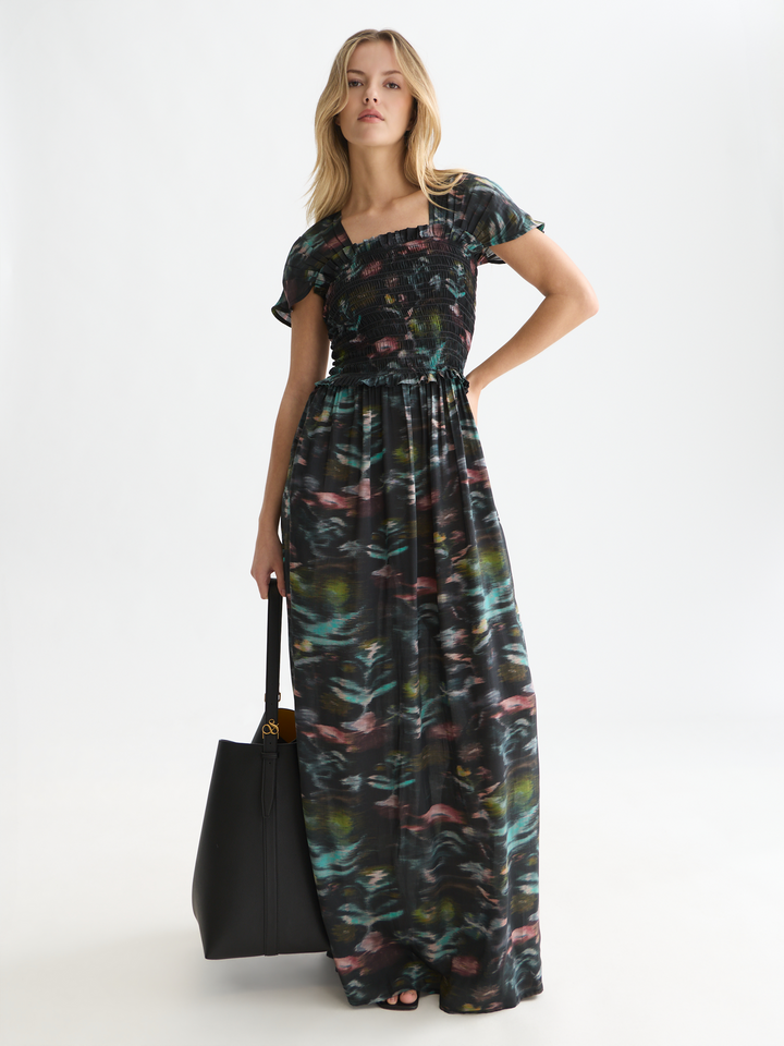 Printed smocked ankle length dress