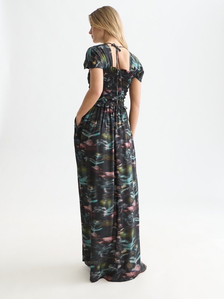 Printed smocked ankle length dress