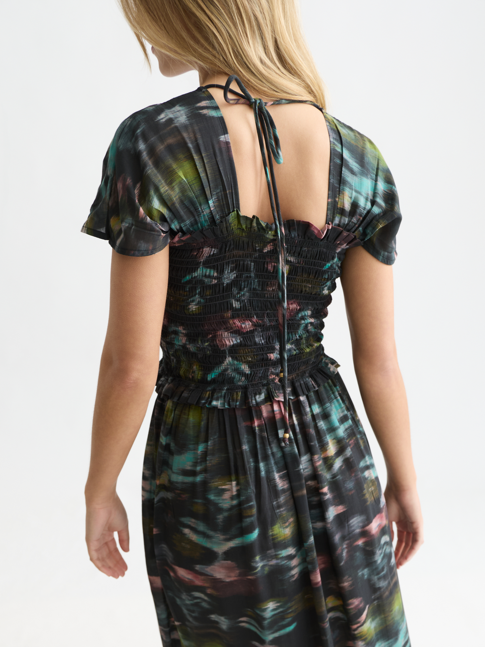Printed smocked ankle length dress