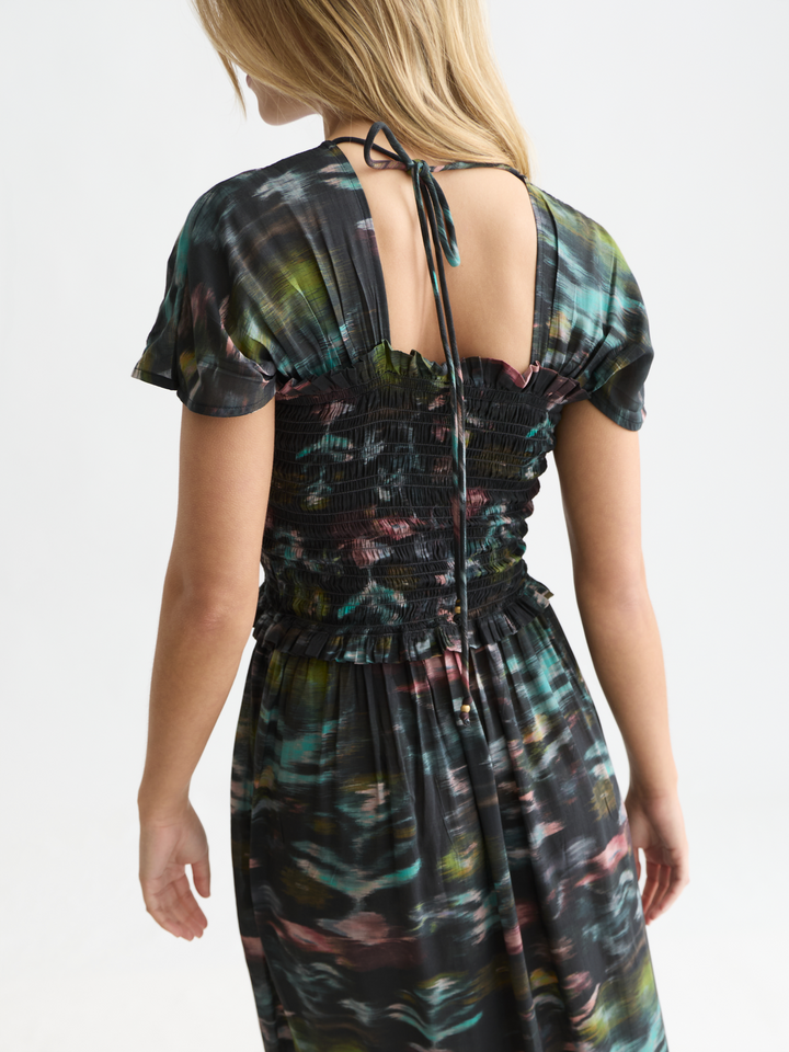 Printed smocked ankle length dress