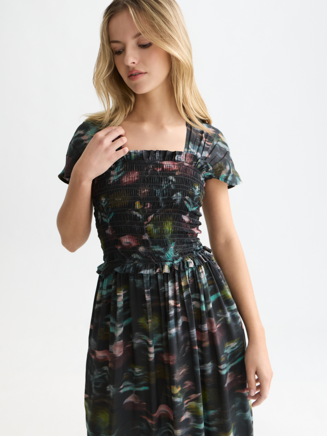 Printed smocked ankle length dress