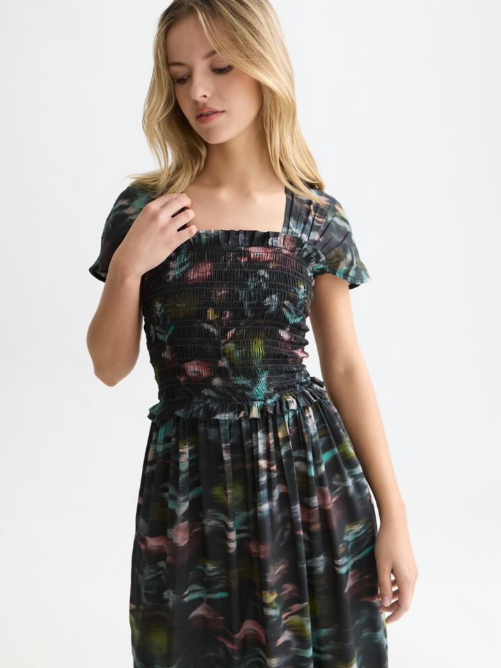 Printed smocked ankle length dress