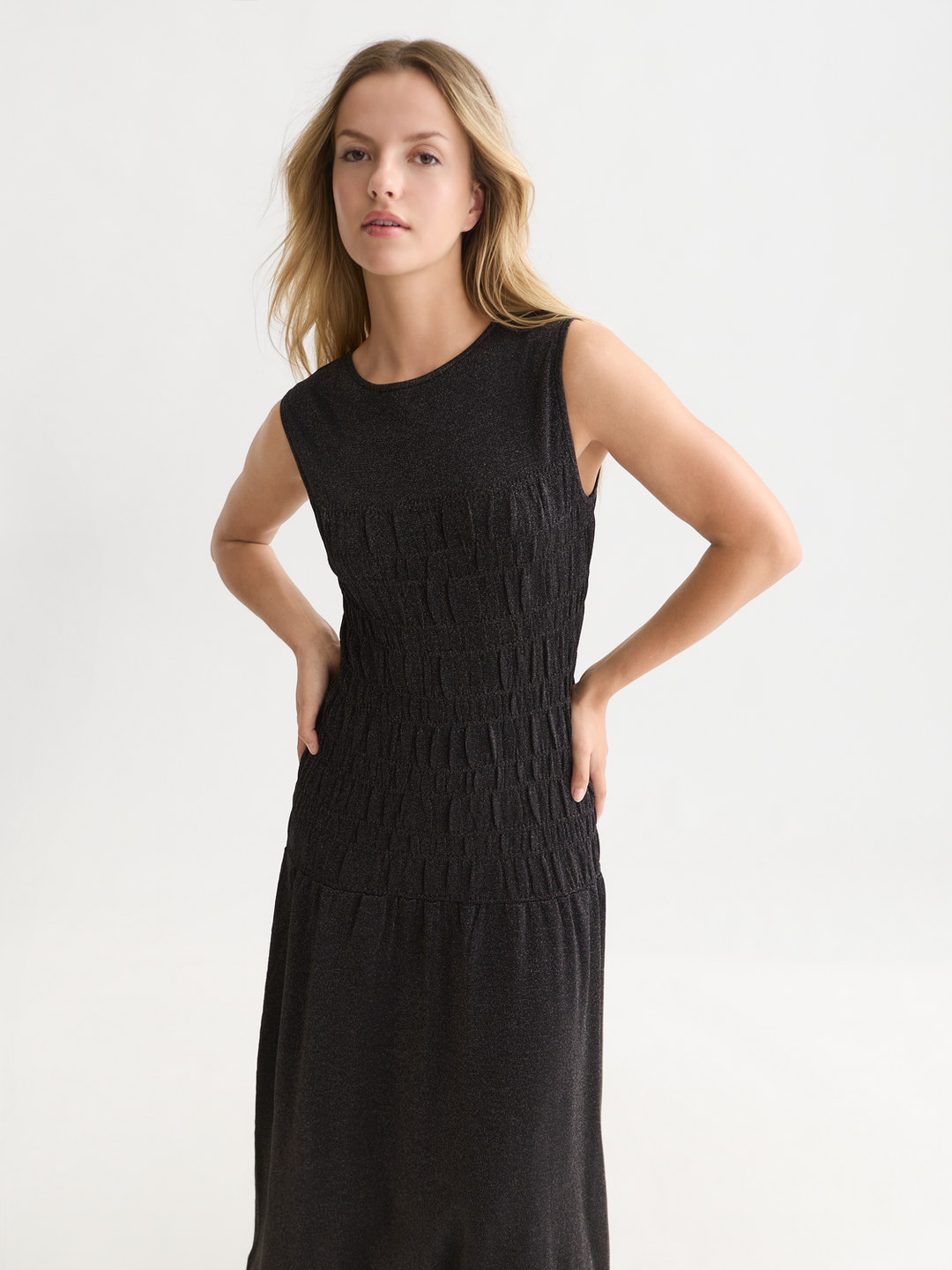 Smock stitch metallic knitted dress