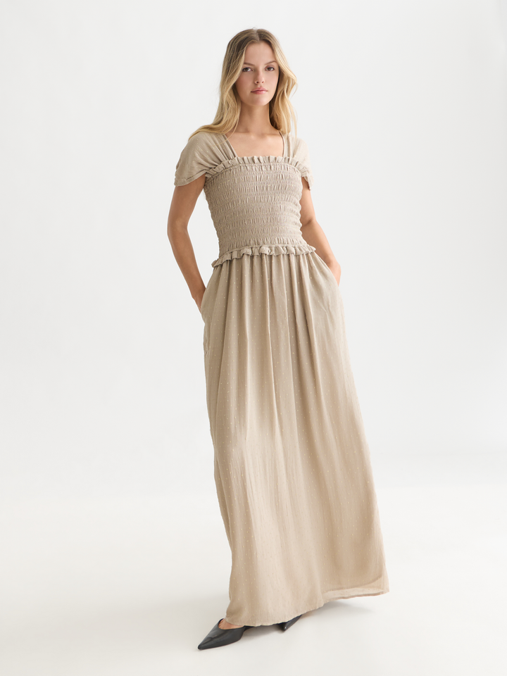 Fil coupe smocked ankle length dress