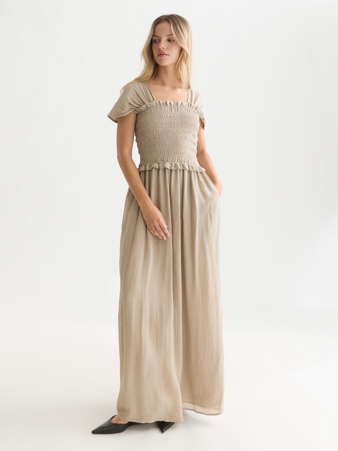 Fil coupe smocked ankle length dress