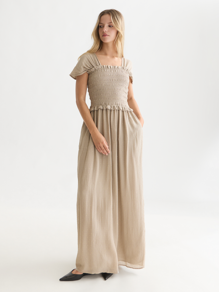 Fil coupe smocked ankle length dress