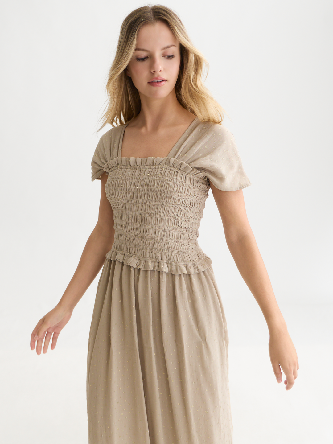 Fil coupe smocked ankle length dress