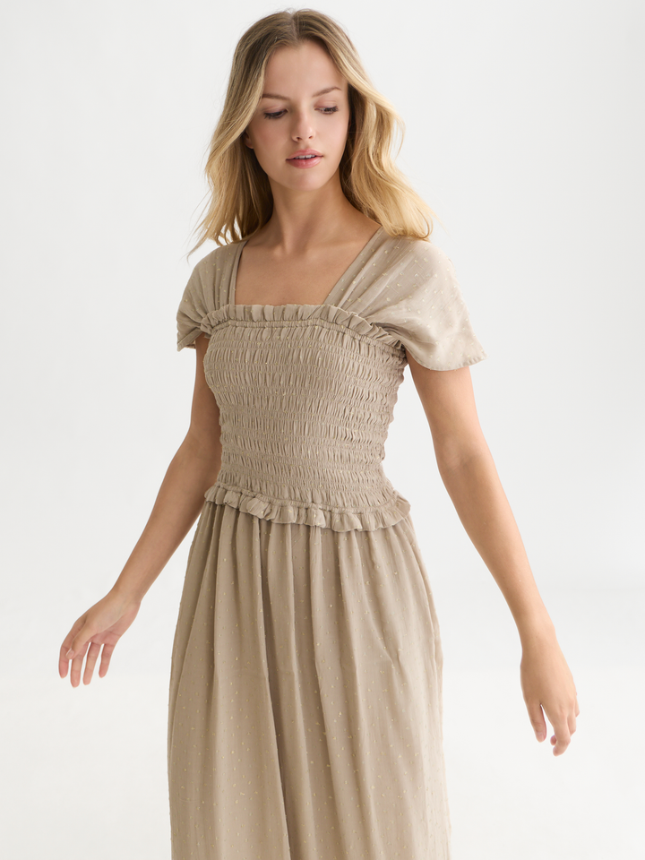 Fil coupe smocked ankle length dress