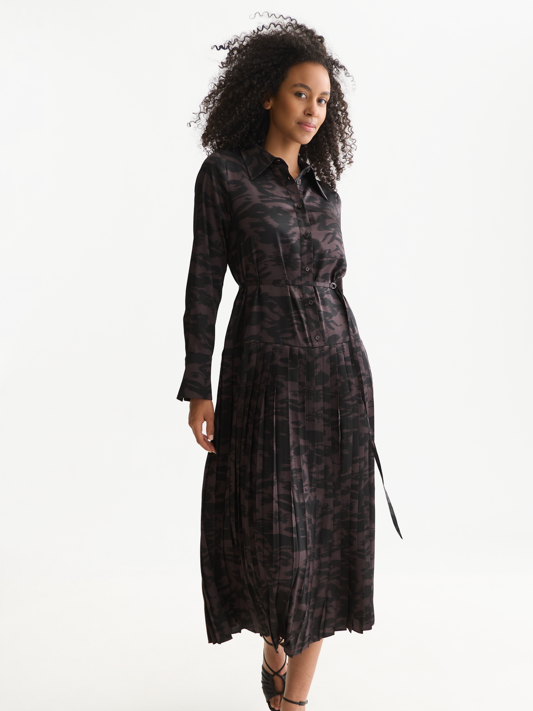 Belted shirt midi dress with pleated hem