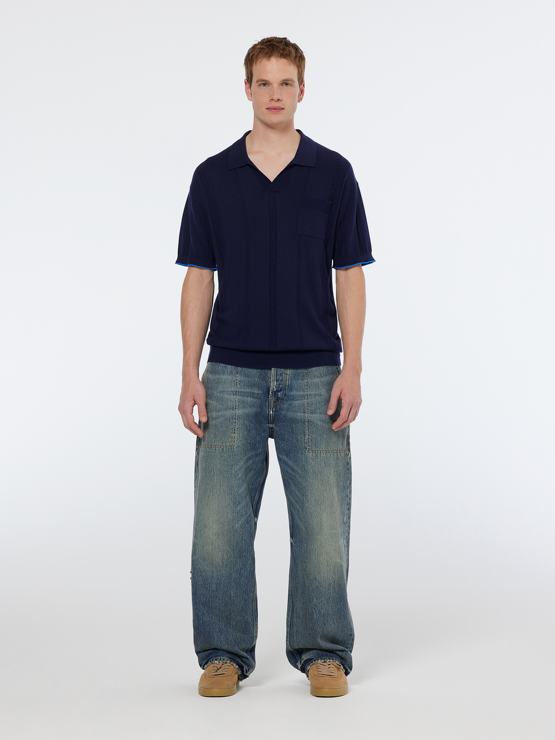 Knitted V-neck relaxed fit polo