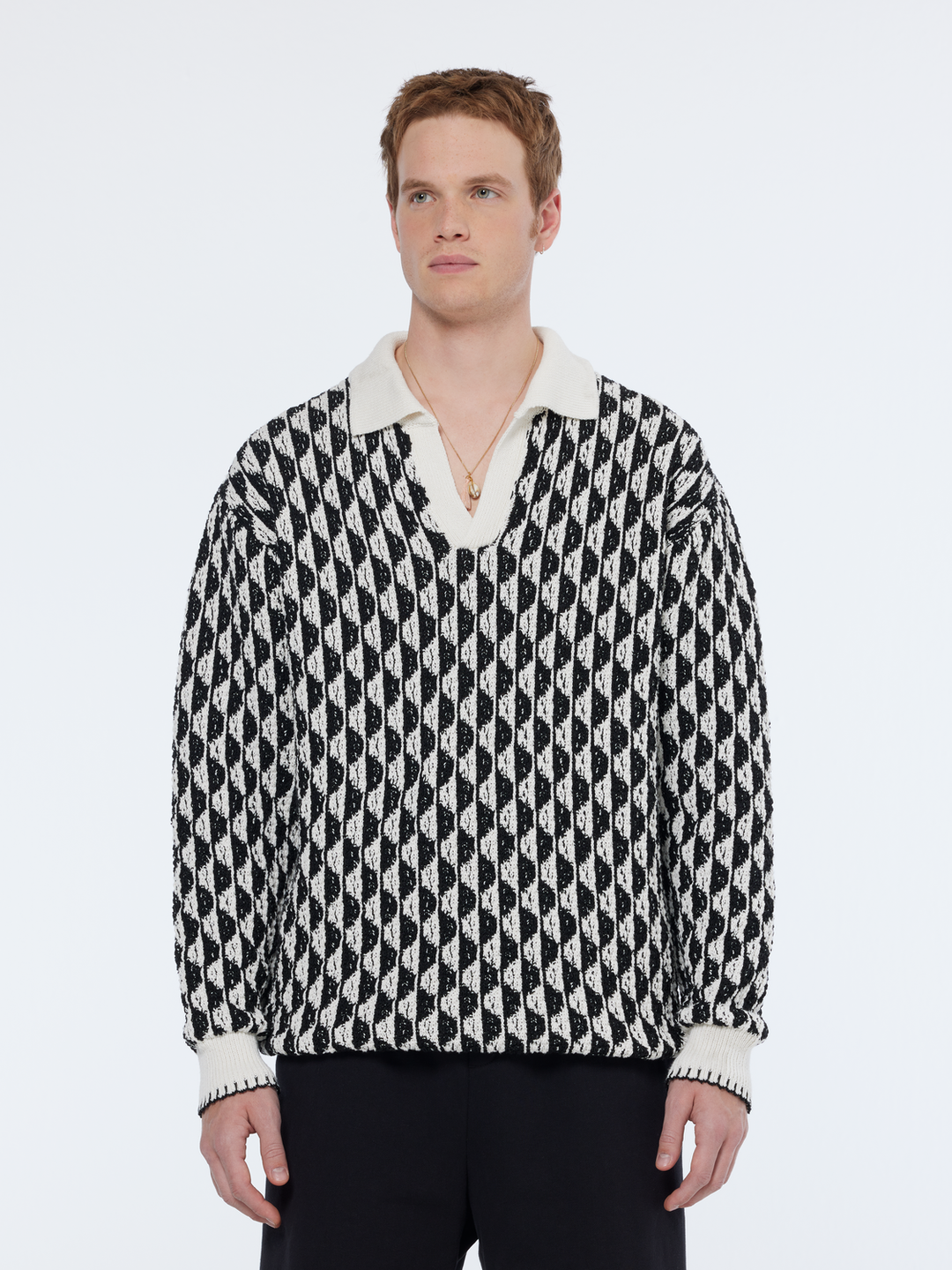 Jacquard dropped shoulder long sleeved polo