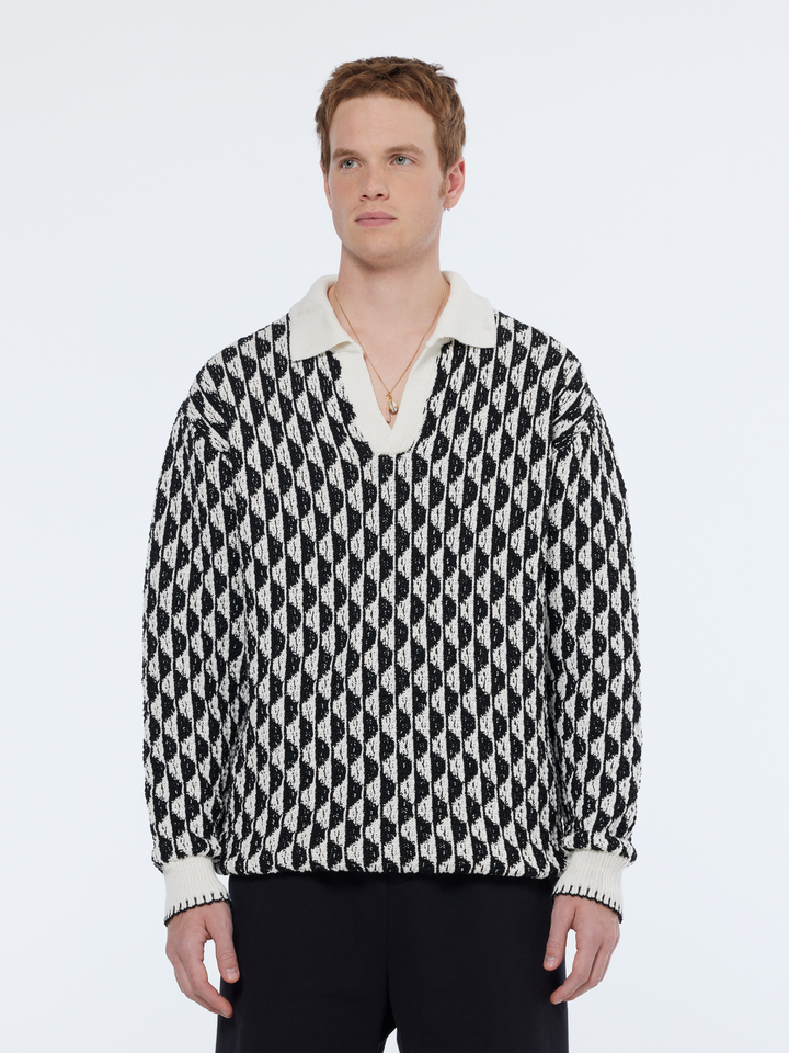 Jacquard dropped shoulder long sleeved polo