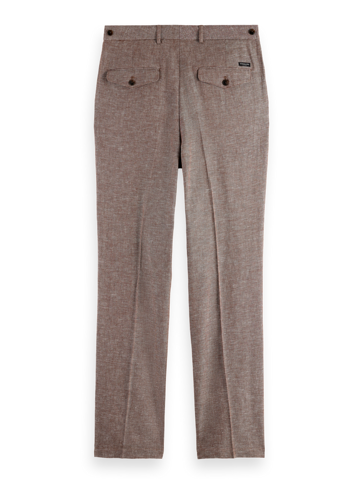Pleated relaxed straight cotton-linen twill chino