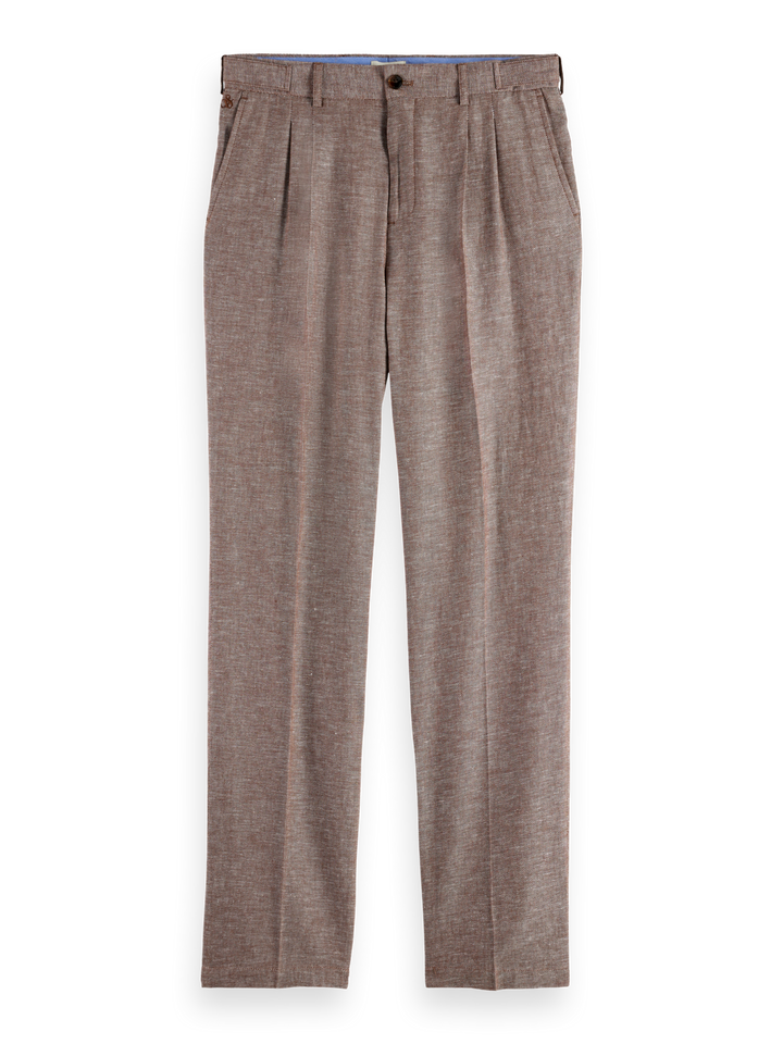 Pleated relaxed straight cotton-linen twill chino