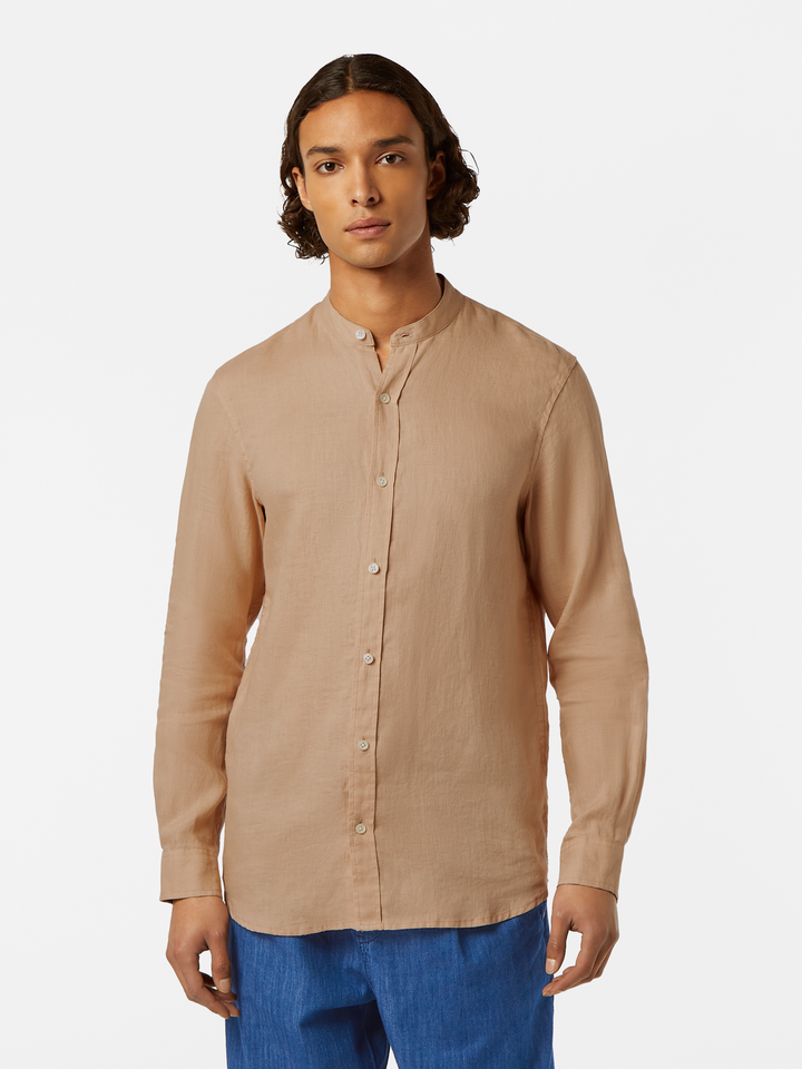 Seasonal core-Regular fit stand-up collar linen shirt