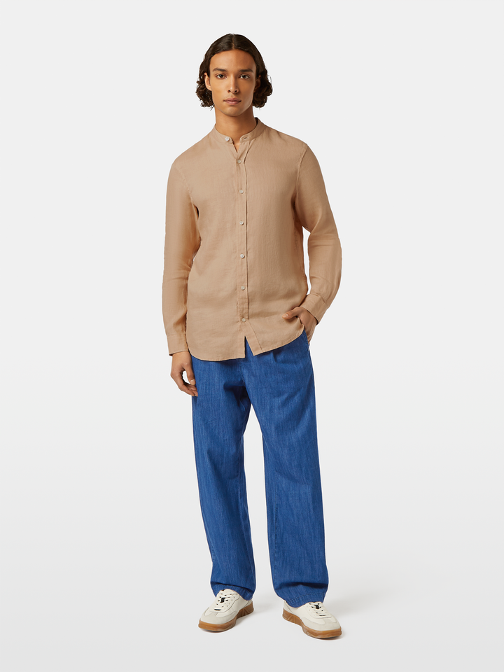 Seasonal core-Regular fit stand-up collar linen shirt