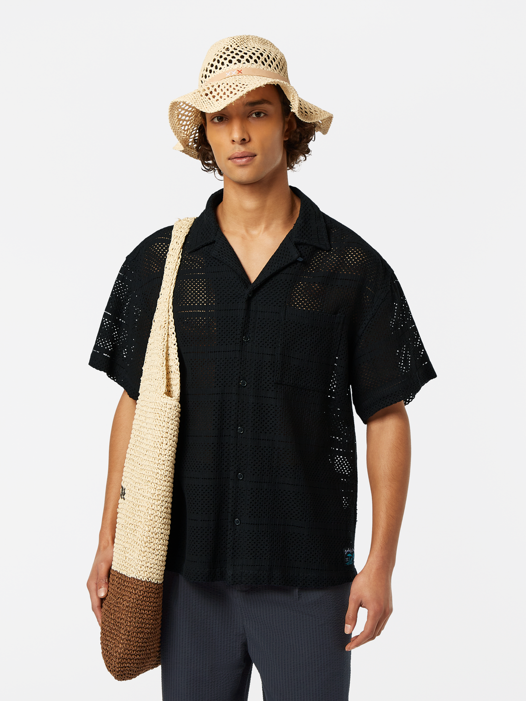 Crochet short-sleeved relaxed-fit shirt