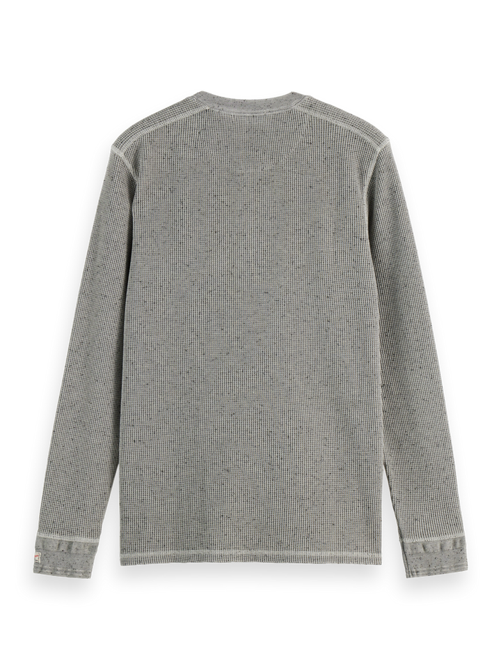 Denim washed long sleeve henley with chambray details