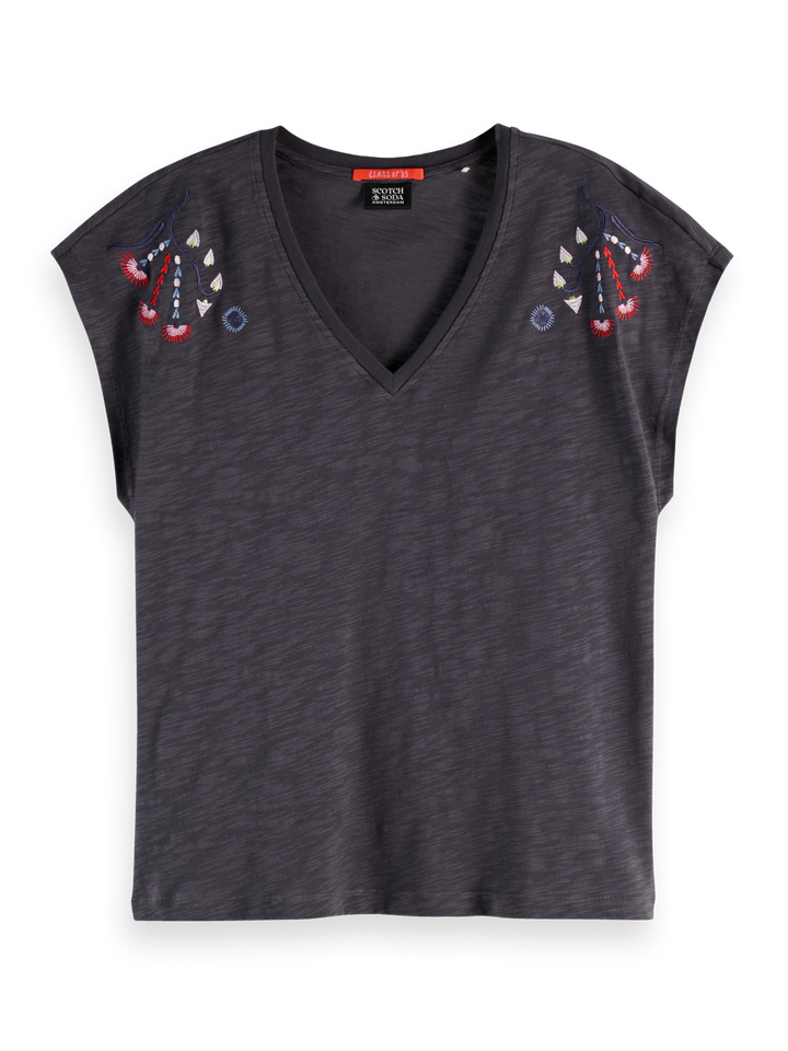 Embroidered V-neck T-shirt