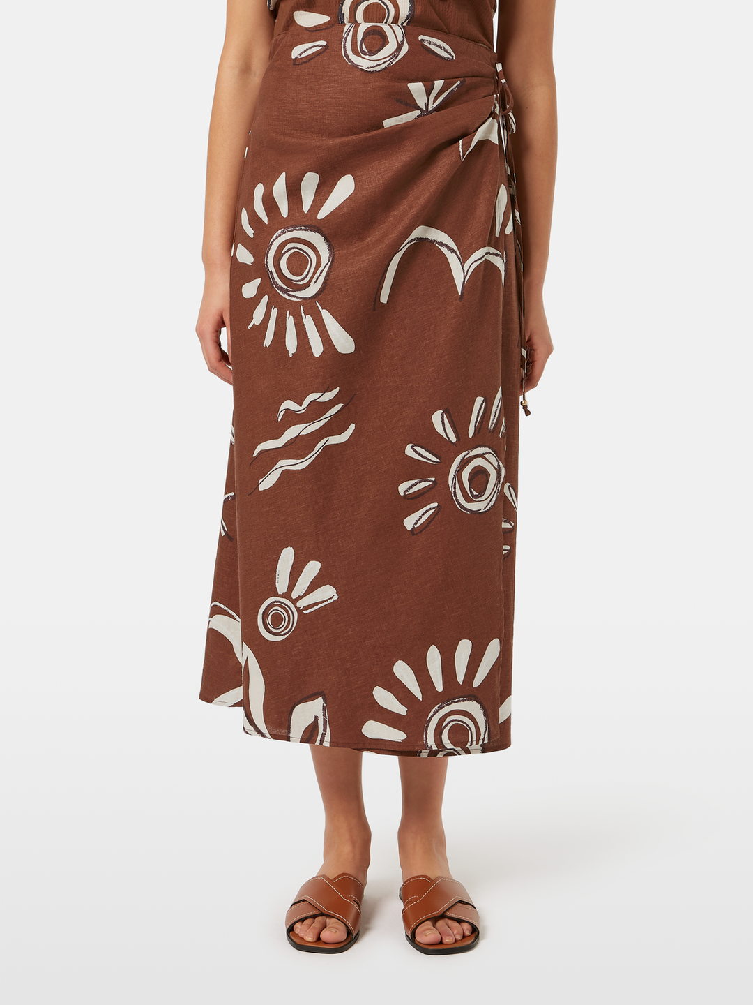 Linen blend printed wrap skirt