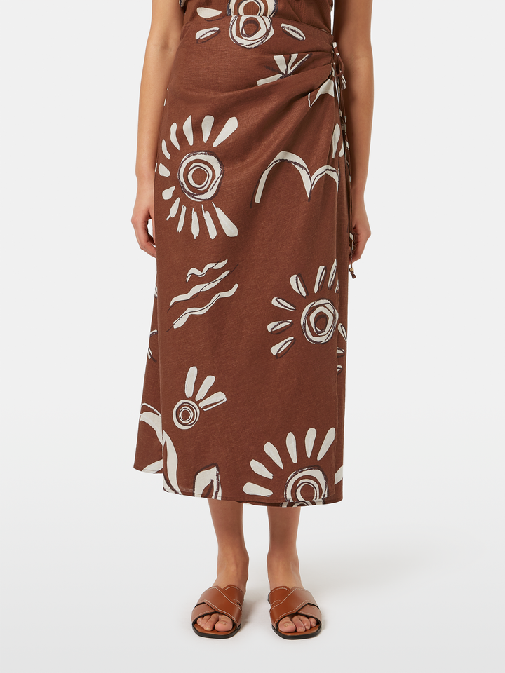 Linen blend printed wrap skirt