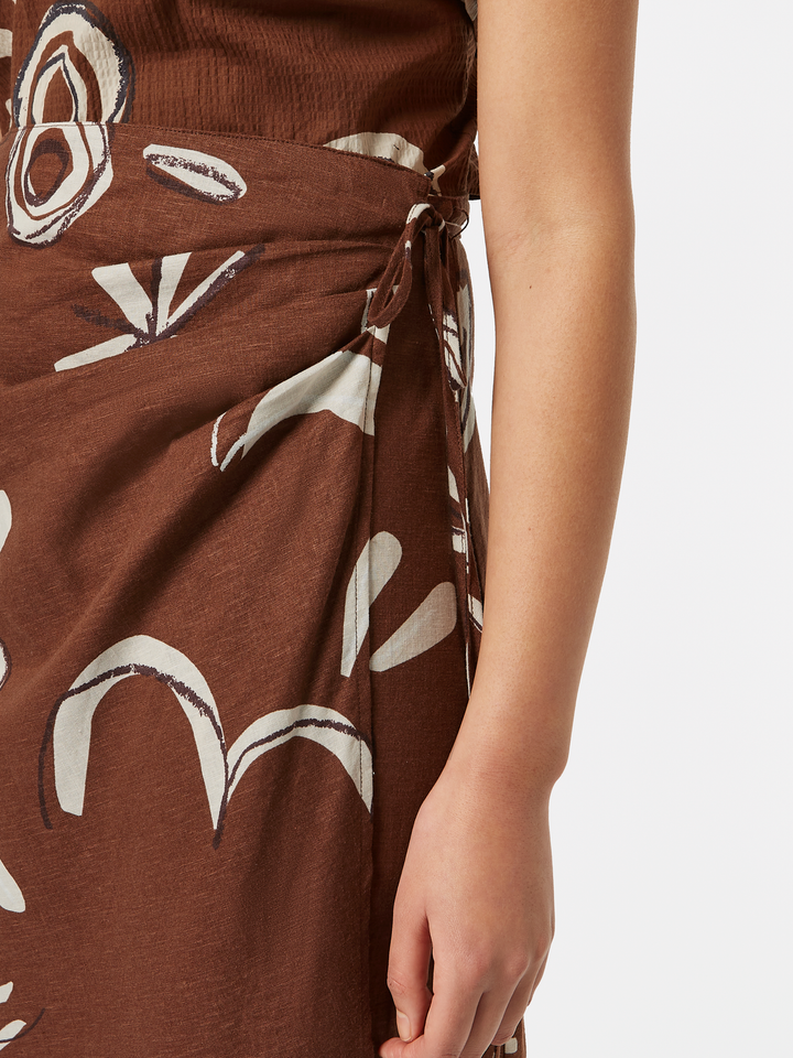 Linen blend printed wrap skirt