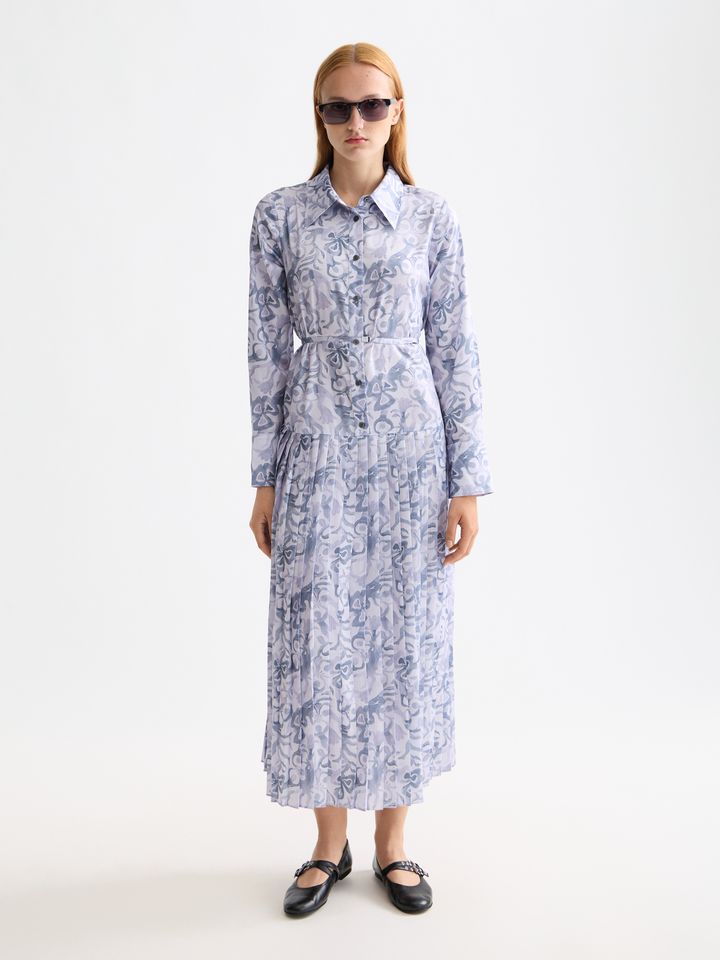Belted shirt midi dress with pleated hem