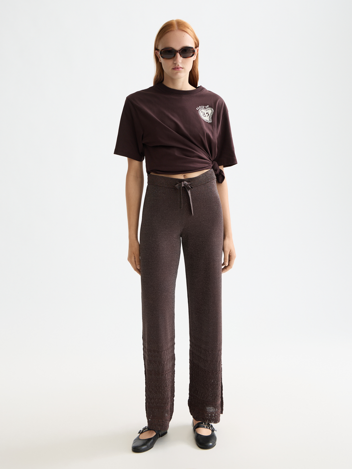 Metallic pointelle knitted trouser