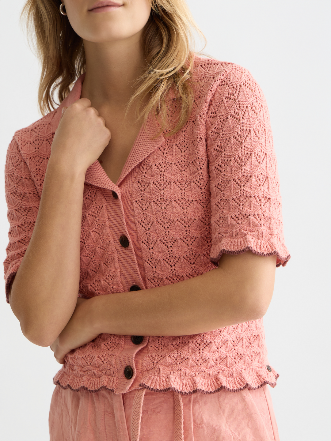 Pointelle short sleeve cardigan