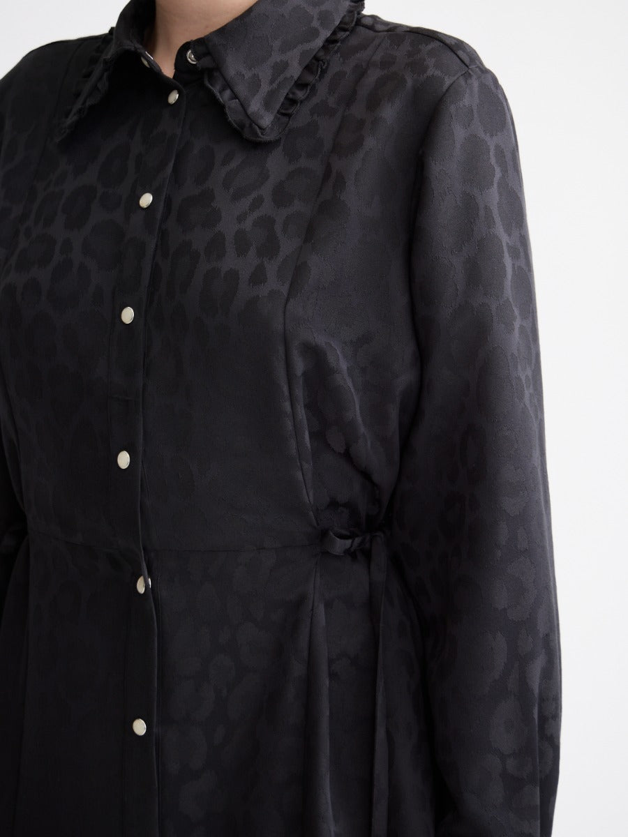 Midi shirt dress with tied waist and ruffles