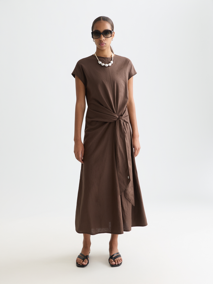 Relaxed linen blend ankle length tie dress